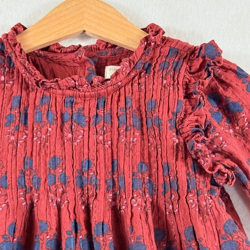 Pink Chicken Dress Kids 4 Red Blue Floral Smocked Lurex Boho Cottagecore Folk